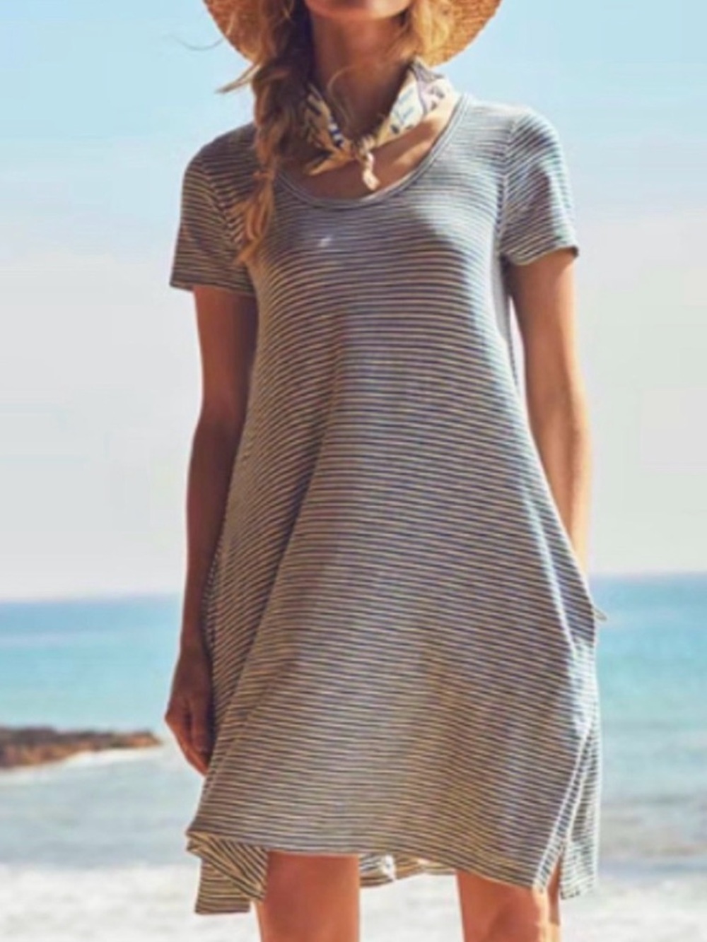 Faherty Striped Sanibal Short Sleeve T Shirt Button Back Dress Pockets XL